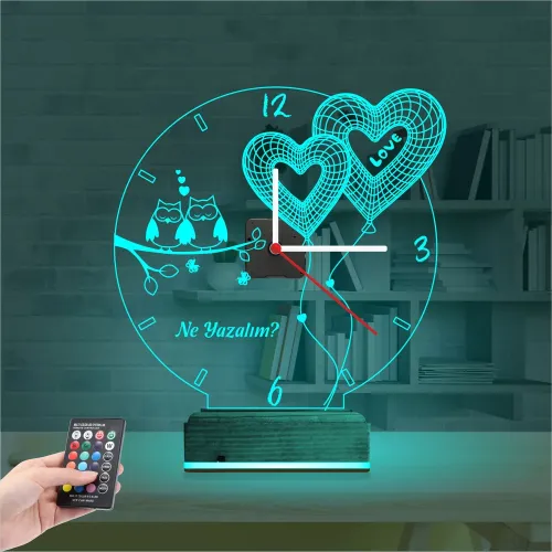 Sevgiliye Hediye Kalp Baykuş Kişiye Özel Saatli 3D Lamba - M…