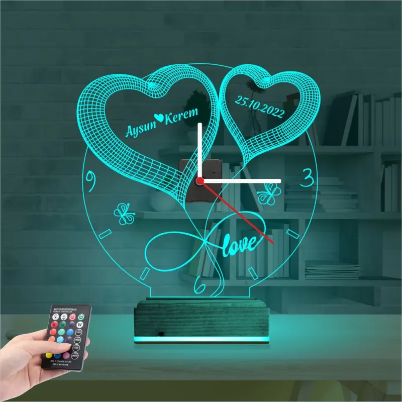 Sevgiliye Hediye Kalp Sonsuzluk Yıldönümü V1 Kişiye Özel Saatli 3D Lamba - Masa Gece Lambası