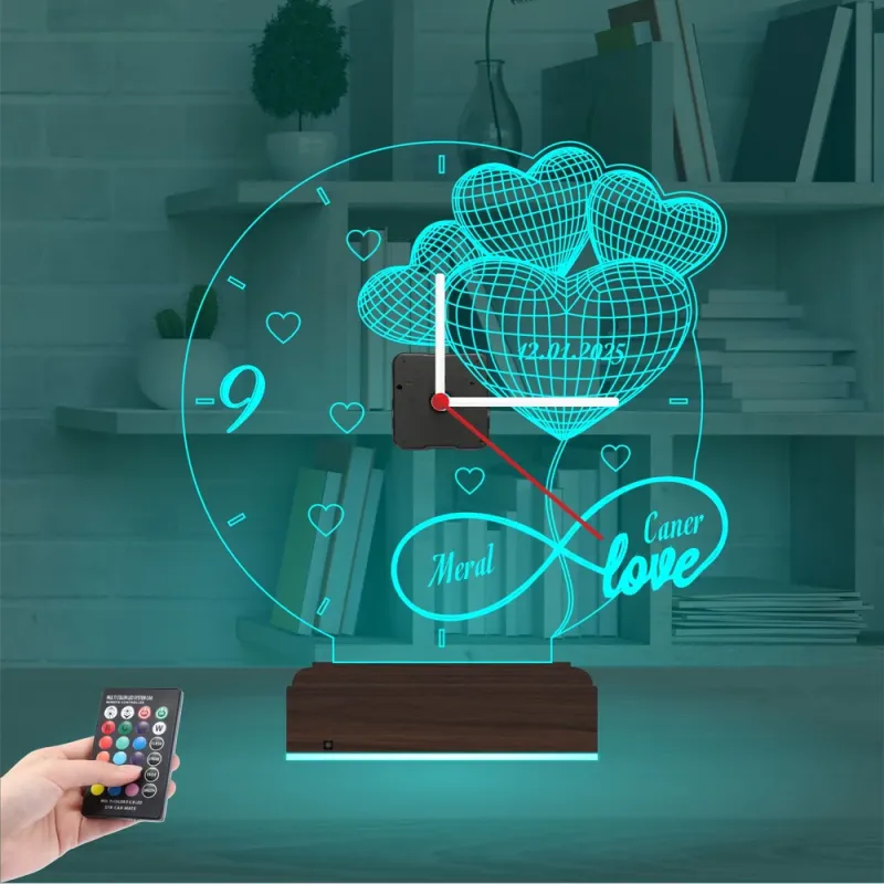 Sevgiliye Hediye Kalp Sonsuzluk Yıldönümü V2 Kişiye Özel Saatli 3D Lamba - Masa Gece Lambası