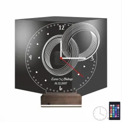 Sevgiliye Hediye Yüzük Alyans Yıldönümü Kişiye Özel Saatli 3D Lamba - Masa Gece Lambası