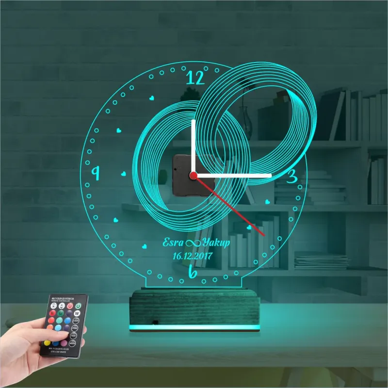 Sevgiliye Hediye Yüzük Alyans Yıldönümü Kişiye Özel Saatli 3D Lamba - Masa Gece Lambası