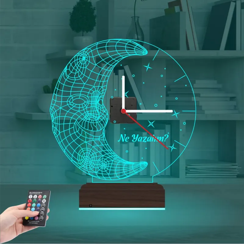 Ay Dede Çocuk Odası Hediye Kişiye Özel Saatli 3D Lamba - Masa Gece Lambası