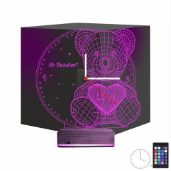 Ayıcık Kalp Tasarım Kişiye Özel Saatli 3D Lamba - Masa Gece Lambası