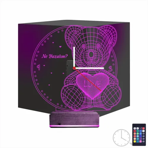 Ayıcık Kalp Tasarım Kişiye Özel Saatli 3D Lamba - Masa Gece …