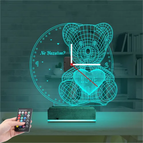 Ayıcık Kalp Tasarım Kişiye Özel Saatli 3D Lamba - Masa Gece …