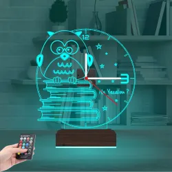 Baykuş Kitap Öğretmene Hediye Kişiye Özel Saatli 3D Lamba - Masa Gece Lambası