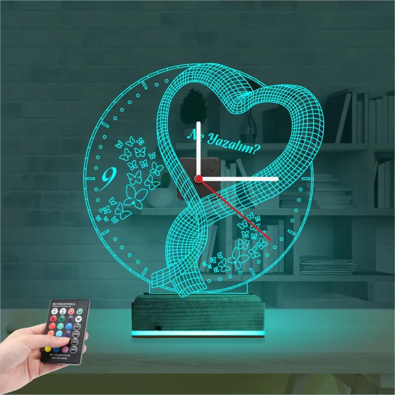 Sevgiliye Hediye Kalp Tasarım Kişiye Özel Saatli 3D Lamba - Masa Gece Lambası