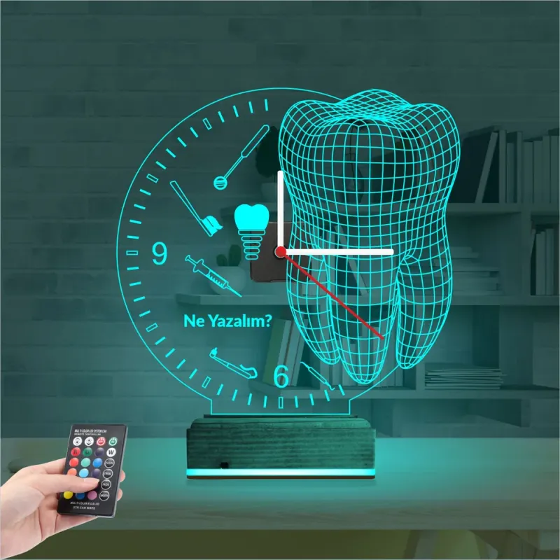 Smile Diş Doktoru Dentist İmplant Kişiye Özel Saatli 3D Lamba - Masa Gece Lambası