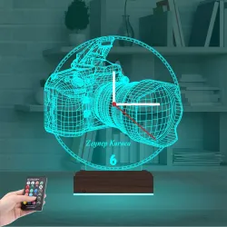 Fotoğraf Makinesi Fotoğrafçı Hediye Kişiye Özel Saatli 3D Lamba - Masa Gece Lambası