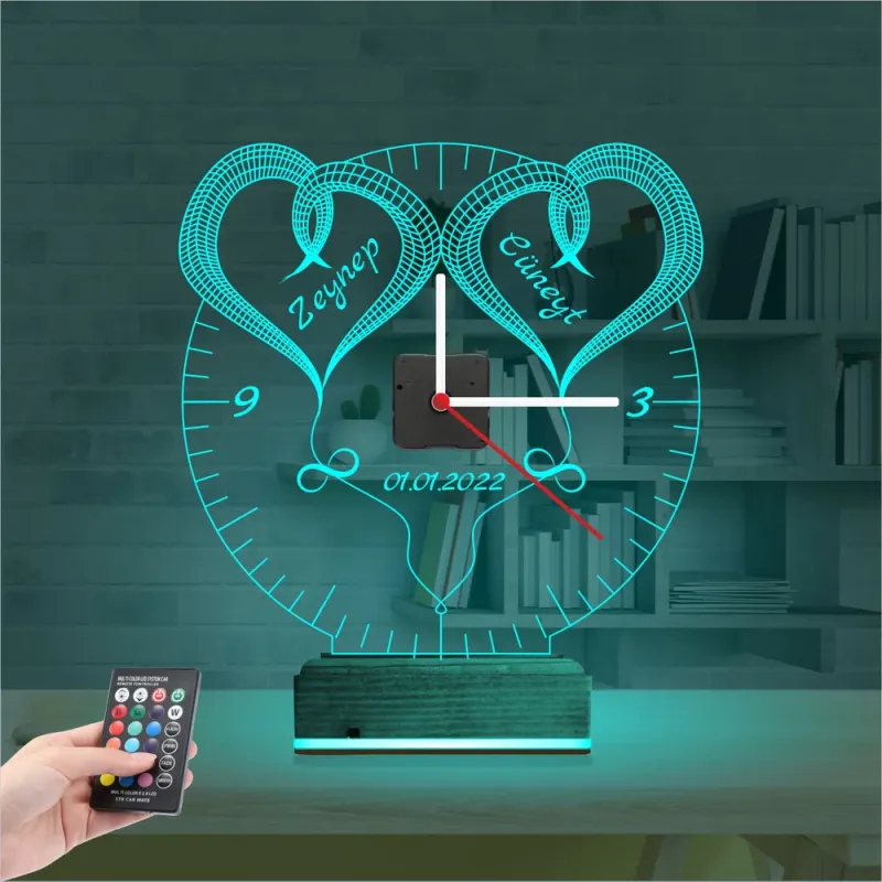Sevgiliye Hediye Kalp Sonsuzluk Yıldönümü V5 Kişiye Özel Saatli 3D Lamba - Masa Gece Lambası