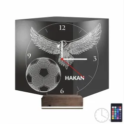 Kara Kartal Futbol Topu Taraftar Kişiye Özel Saatli 3D Lamba - Masa Gece Lambası