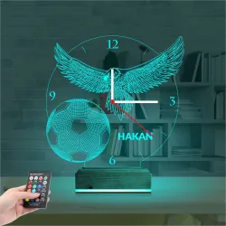 Kara Kartal Futbol Topu Taraftar Kişiye Özel Saatli 3D Lamba - Masa Gece Lambası