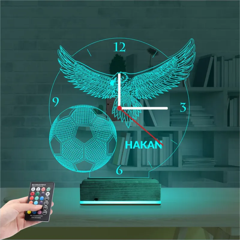 Kara Kartal Futbol Topu Taraftar Kişiye Özel Saatli 3D Lamba - Masa Gece Lambası