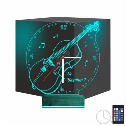 Keman Müzik Nota V2 Kişiye Özel Saatli 3D Lamba - Masa Gece Lambası