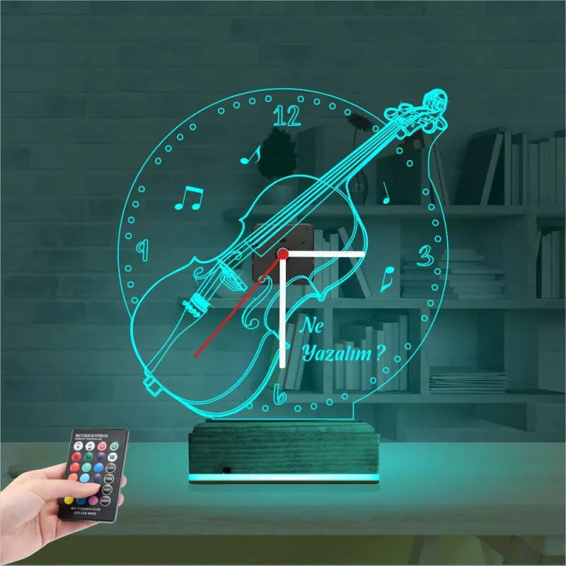 Keman Müzik Nota V2 Kişiye Özel Saatli 3D Lamba - Masa Gece Lambası