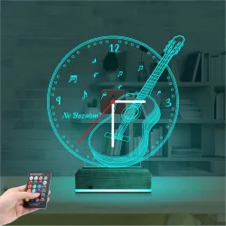 Klasik Gitar Müzik Müzisyen Kişiye Özel Saatli 3D Lamba - Masa Gece Lambası