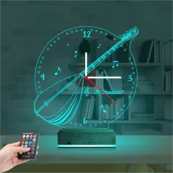 Saz Bağlama Nota Müzik Kişiye Özel Saatli 3D Lamba - Masa Gece Lambası