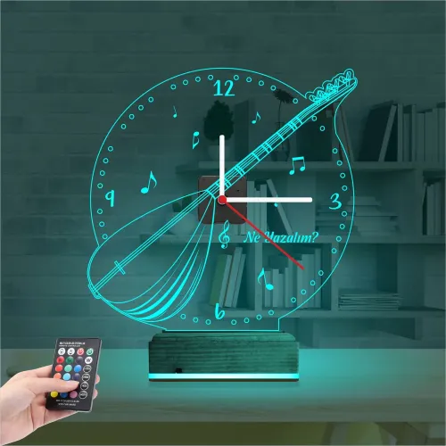 Saz Bağlama Nota Müzik Kişiye Özel Saatli 3D Lamba - Masa Ge…
