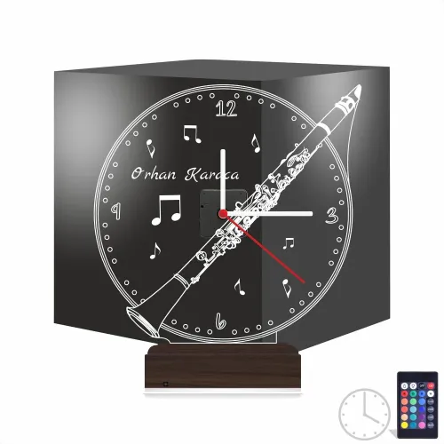 Klarnet Enstrüman Müzik Nota Kişiye Özel Saatli 3D Lamba - M…