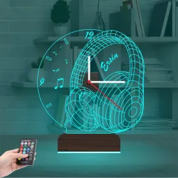 Dj Kulaklık Mikrofon Enstrüman Müzik Nota Kişiye Özel Saatli 3D Lamba - Masa Gece Lambası