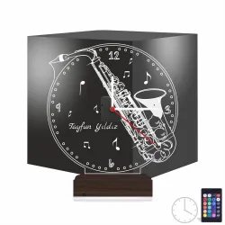 Saksafon Enstrüman Müzik Nota Kişiye Özel Saatli 3D Lamba - Masa Gece Lambası