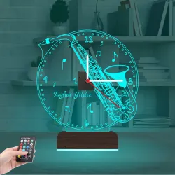 Saksafon Enstrüman Müzik Nota Kişiye Özel Saatli 3D Lamba - Masa Gece Lambası