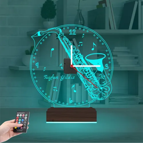 Saksafon Enstrüman Müzik Nota Kişiye Özel Saatli 3D Lamba - …