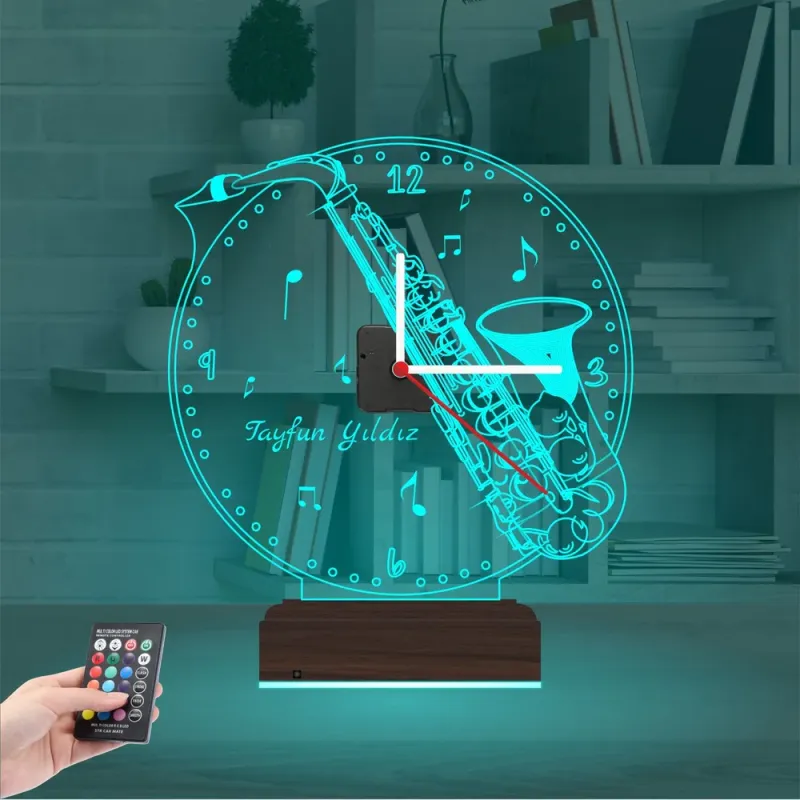 Saksafon Enstrüman Müzik Nota Kişiye Özel Saatli 3D Lamba - Masa Gece Lambası