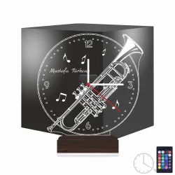 Trompet Enstrüman Müzik Nota Kişiye Özel Saatli 3D Lamba - Masa Gece Lambası