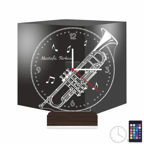 Trompet Enstrüman Müzik Nota Kişiye Özel Saatli 3D Lamba - M…