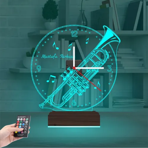 Trompet Enstrüman Müzik Nota Kişiye Özel Saatli 3D Lamba - M…