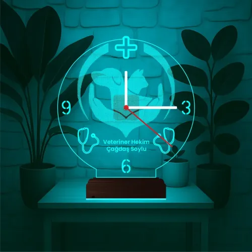 Veteriner Hekim Kişiye Özel Saatli 3D Lamba - Masa Gece Lamb…