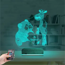 Ayıcık Zürafa Kalp Kişiye Özel 3D Lamba - Masa Gece Lambası