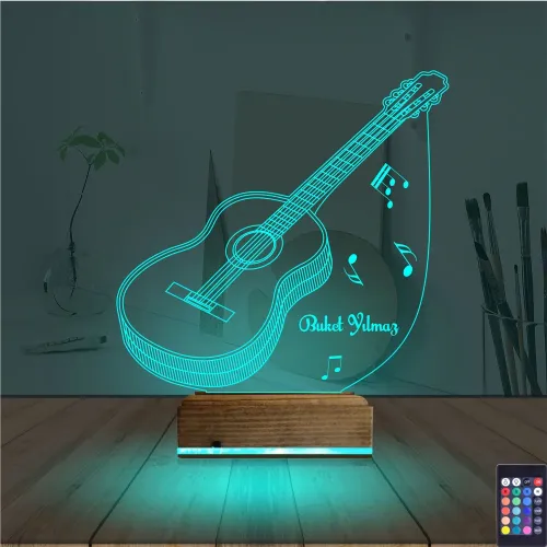 Klasik Gitar Müzik Nota Kişiye Özel 3D Lamba - Masa Gece Lambası
