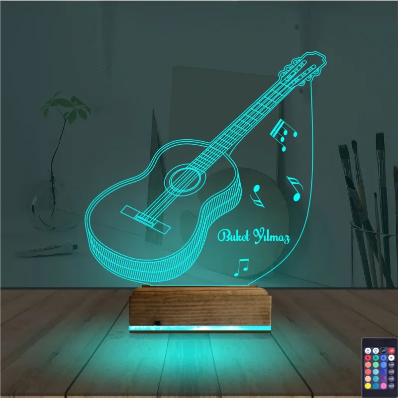 Klasik Gitar Müzik Nota Kişiye Özel 3D Lamba - Masa Gece Lambası