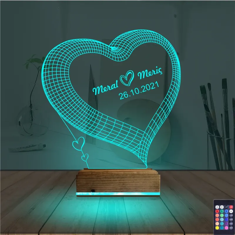 Kalp Sevgiliye Hediye Kişiye Özel 3D Lamba - Masa Gece Lambası