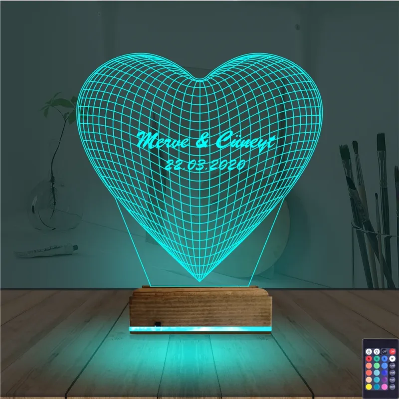 Kalp Sevgiliye Hediye Kişiye Özel 3D Lamba - Masa Gece Lambası