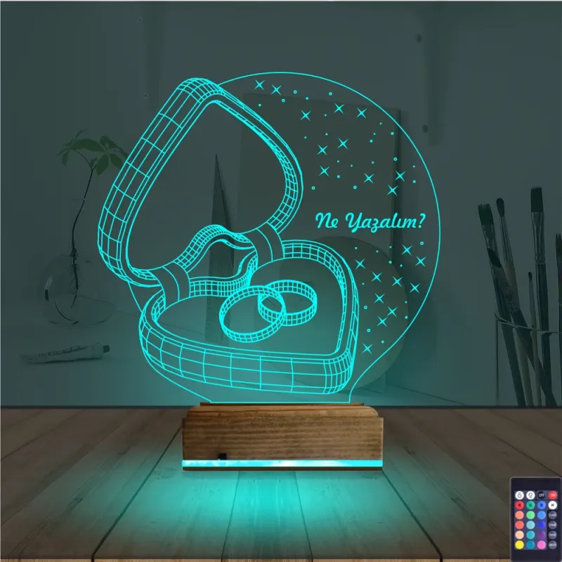 Kalp Yüzük Yıldönümü Hediye Kişiye Özel 3D Lamba - Masa Gece Lambası
