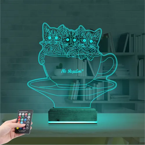 Kedi Fincan Tasarım Kişiye Özel 3D Lamba - Masa Gece Lambası