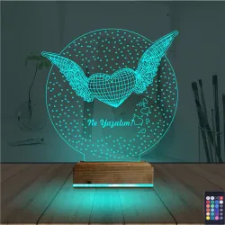 Kalp Melek Sevgiliye Hediye Kişiye Özel 3D Lamba - Masa Gece Lambası