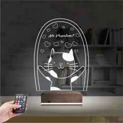 Sevimli Kedi Kalp Kişiye Özel 3D Lamba - Masa Gece Lambası