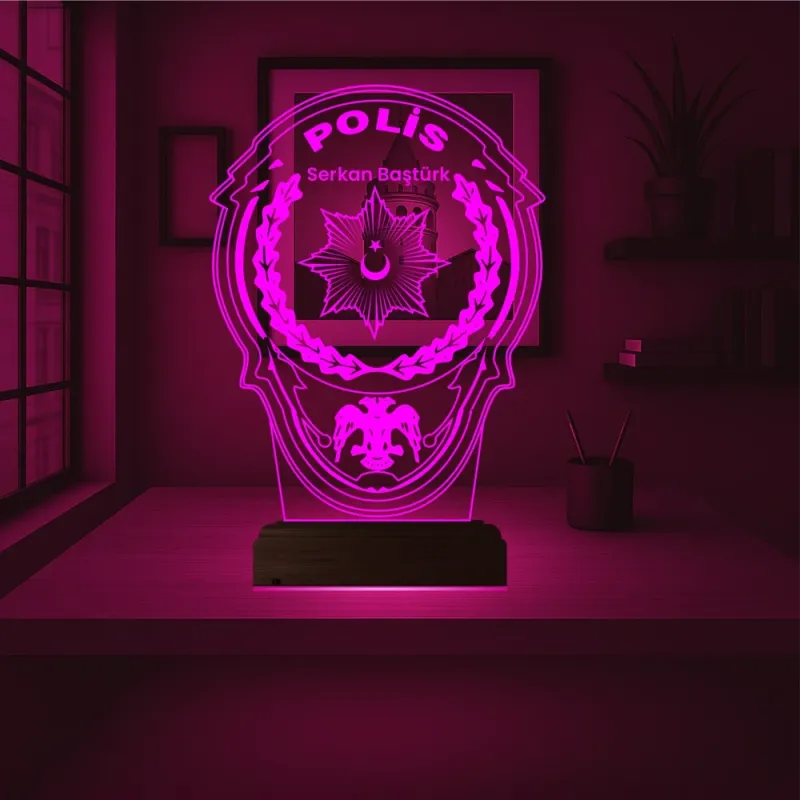Polise Hediye Polis Logo Kişiye Özel 3D Lamba - Masa Gece Lambası