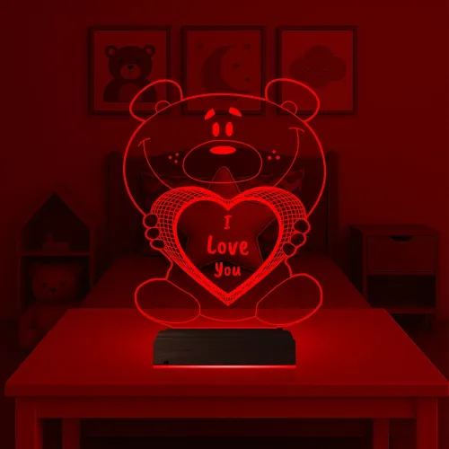 Ayıcık Kalp Kişiye Özel 3D Lamba - Masa Gece Lambası