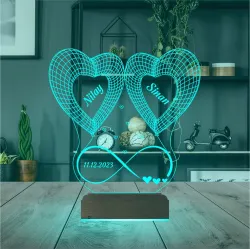 2 Kalp Sonsuzluk Sevgiliye Hediye Kişiye Özel 3D Lamba - Masa Gece Lambası