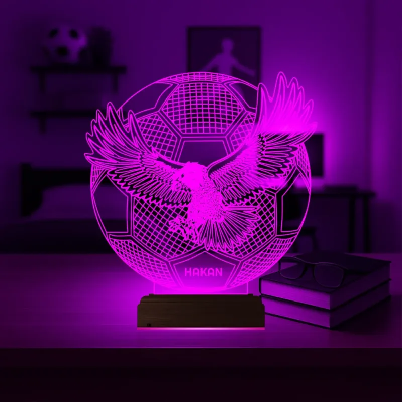 Kartal Futbol Topu Taraftar Kara Kartal Kişiye Özel 3D Lamba - Masa Gece Lambası