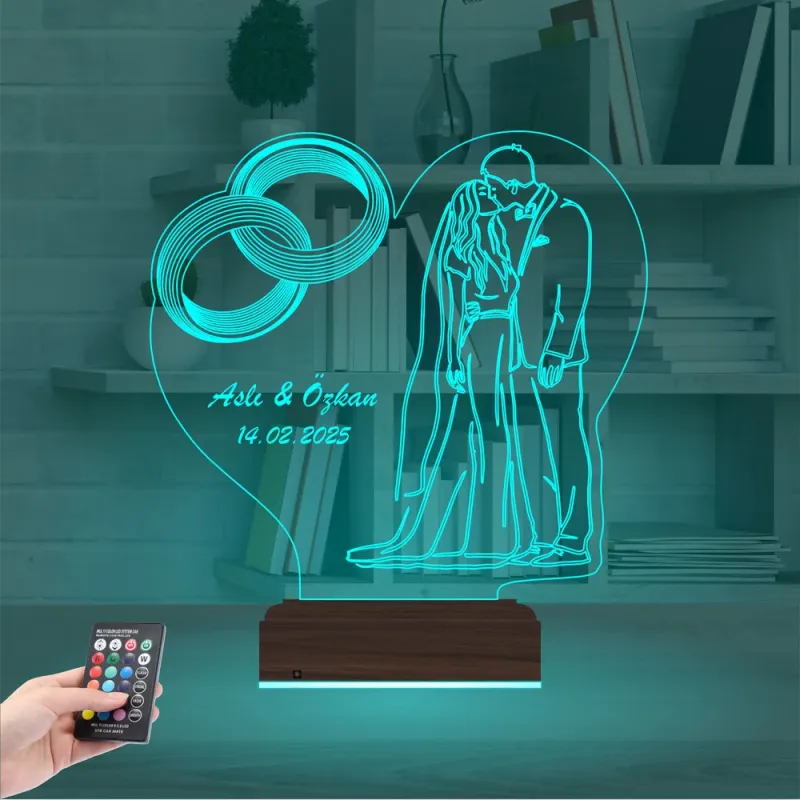 Gelin Damat Yıldönümü Sevgiliye Hediye Kişiye Özel 3D Lamba - Masa Gece Lambası