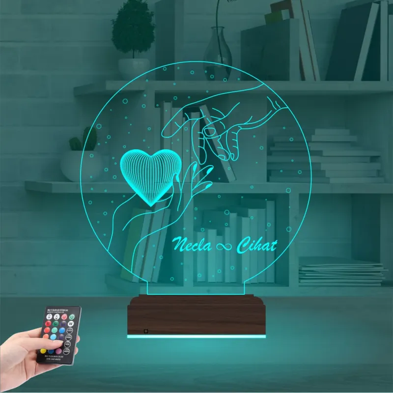 Sevgiliye Hediye Kalp Elele Kişiye Özel 3D Lamba - Masa Gece Lambası