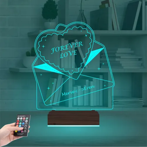 Sevgiliye Hediye Kalp Zarf Kişiye Özel 3D Lamba - Masa Gece Lambası