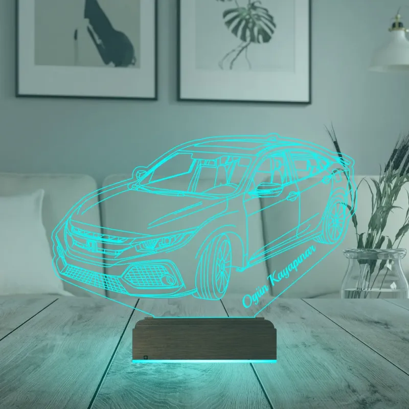 Honda Civic Tasarım Spor Araba Kişiye Özel 3D Lamba - Masa Gece Lambası