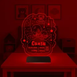 Bebek Odası Hediye Ay Ayıcık Yıldızlar Kişiye Özel 3D Lamba - Masa Gece Lambası